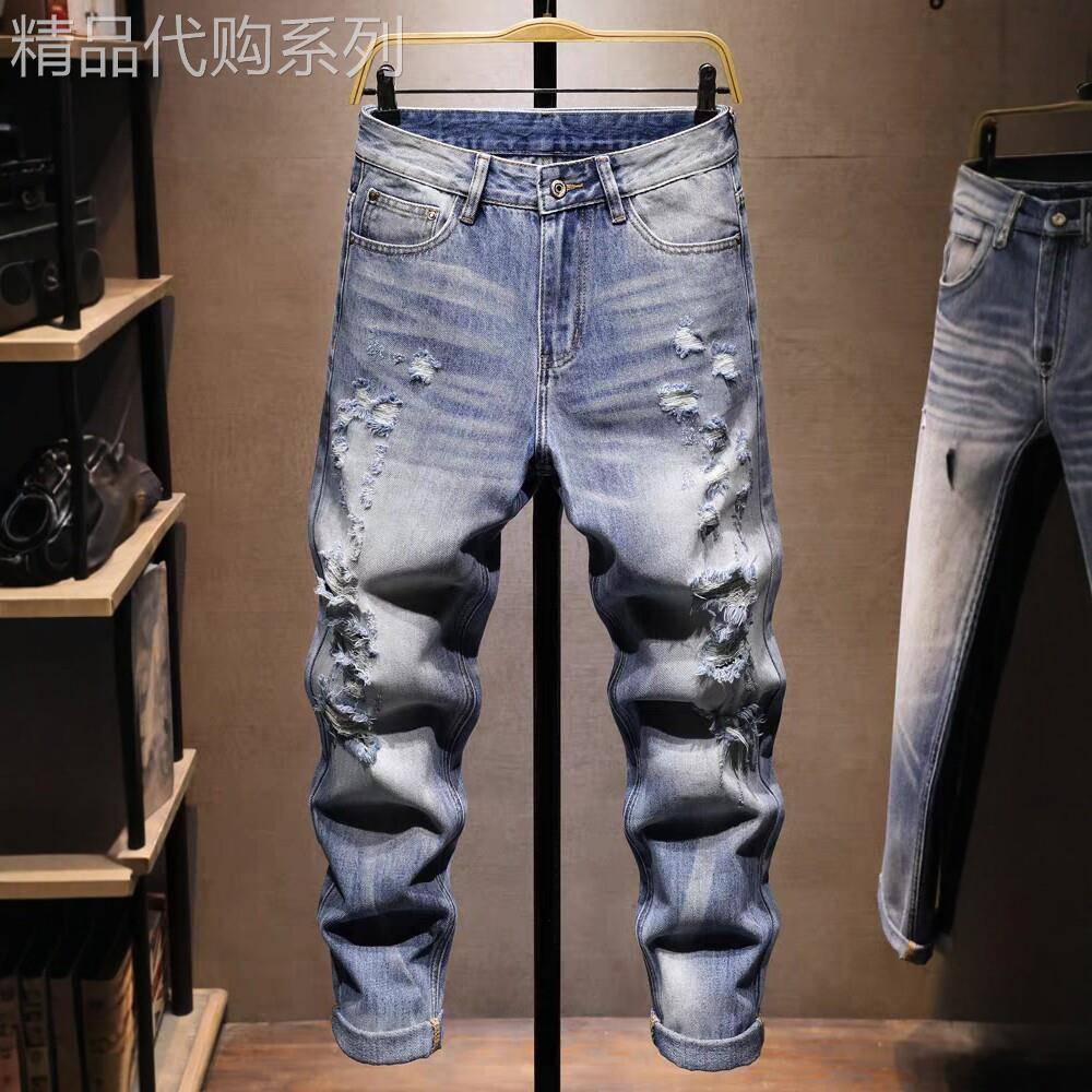 高端潮牌浅蓝色破洞直筒牛仔裤男春夏薄款水洗弹力复古破烂乞丐裤