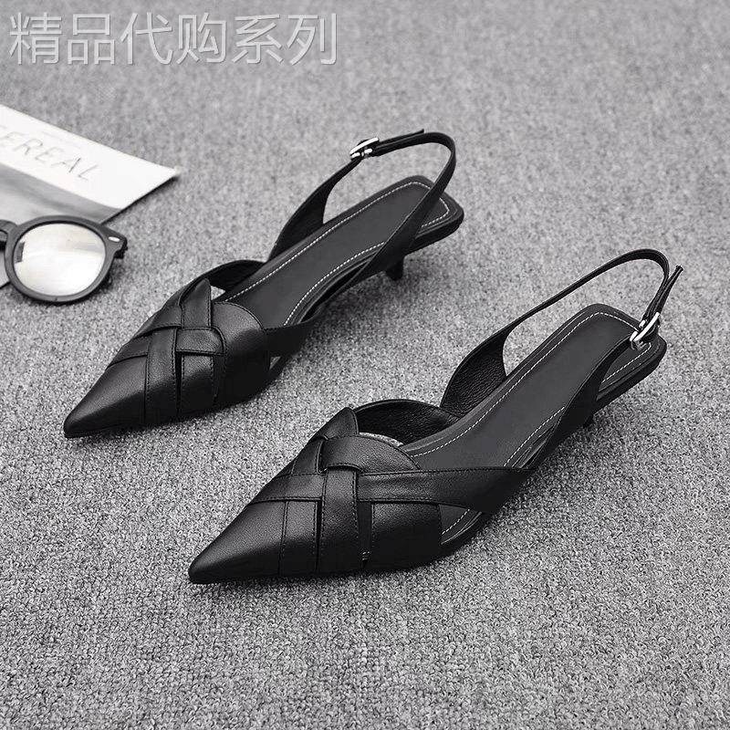 真皮包头凉鞋女细跟2026年夏季新款3公分小跟尖头高跟鞋后空单鞋