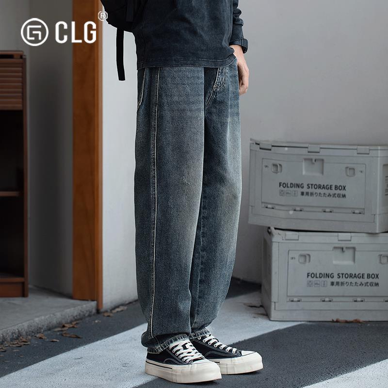 香港CLG潮牌美式复古做旧水洗牛仔裤新款宽松直筒怀旧休闲长裤子