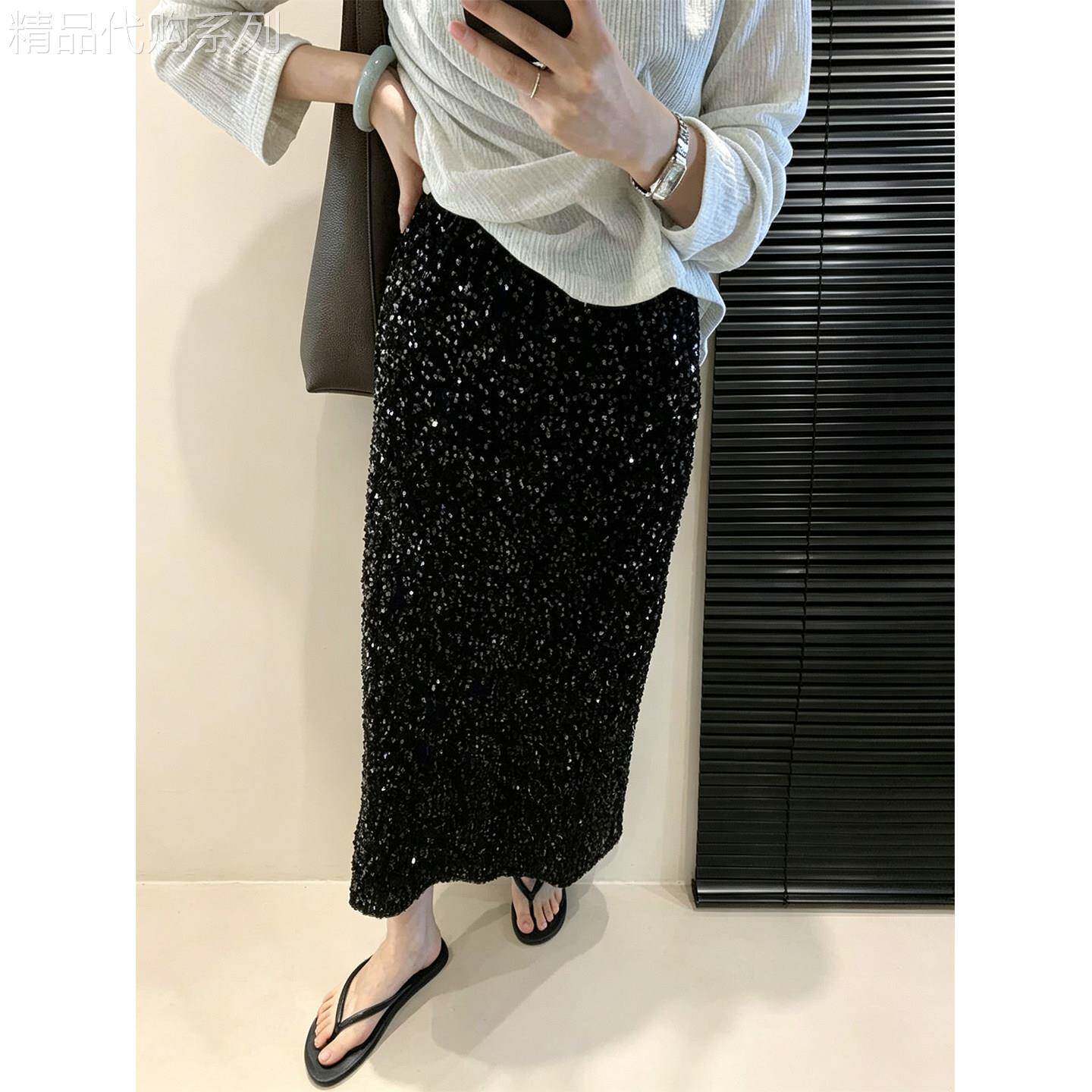 黑色毛呢亮片半身裙女春秋欧货高端小资松紧腰后开叉包臀直筒长裙