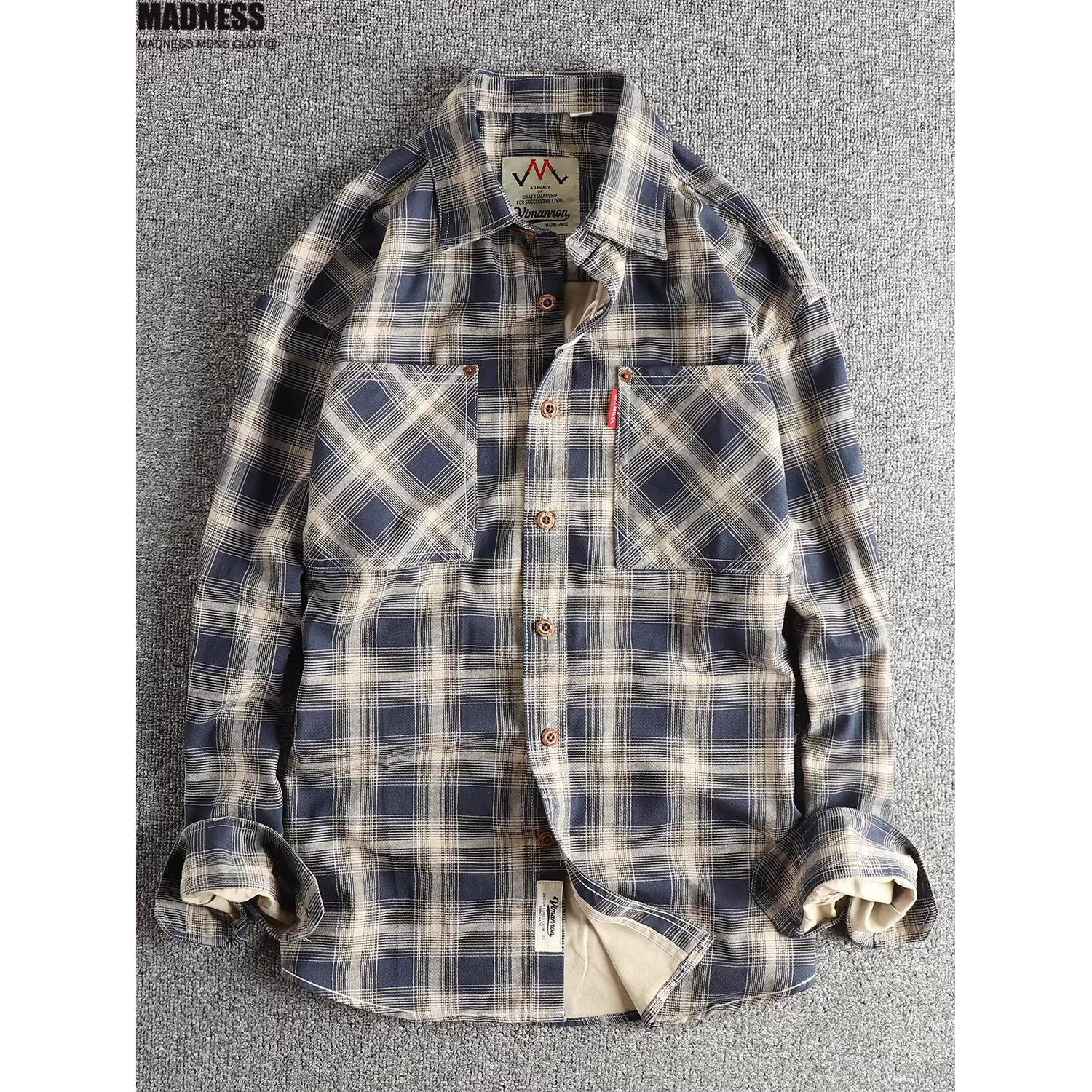 Madness Mdns Clot日系覆古格子工装长袖衬衫男全棉水洗衬衣外套