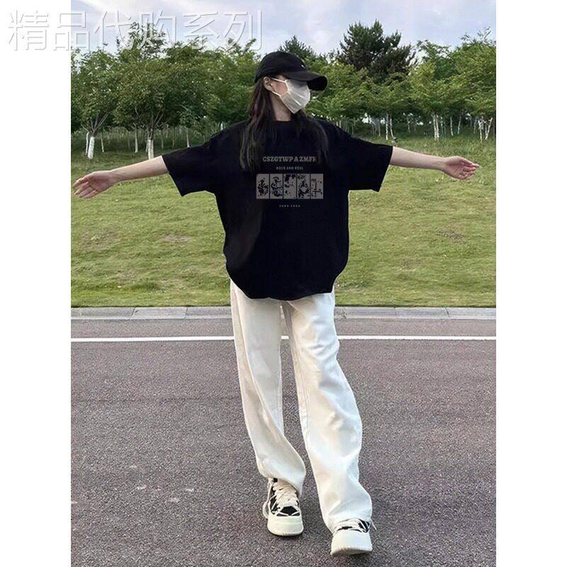 美式黑色短袖T恤女2026夏季新款宽松大码胖mm中长款半袖上衣ins