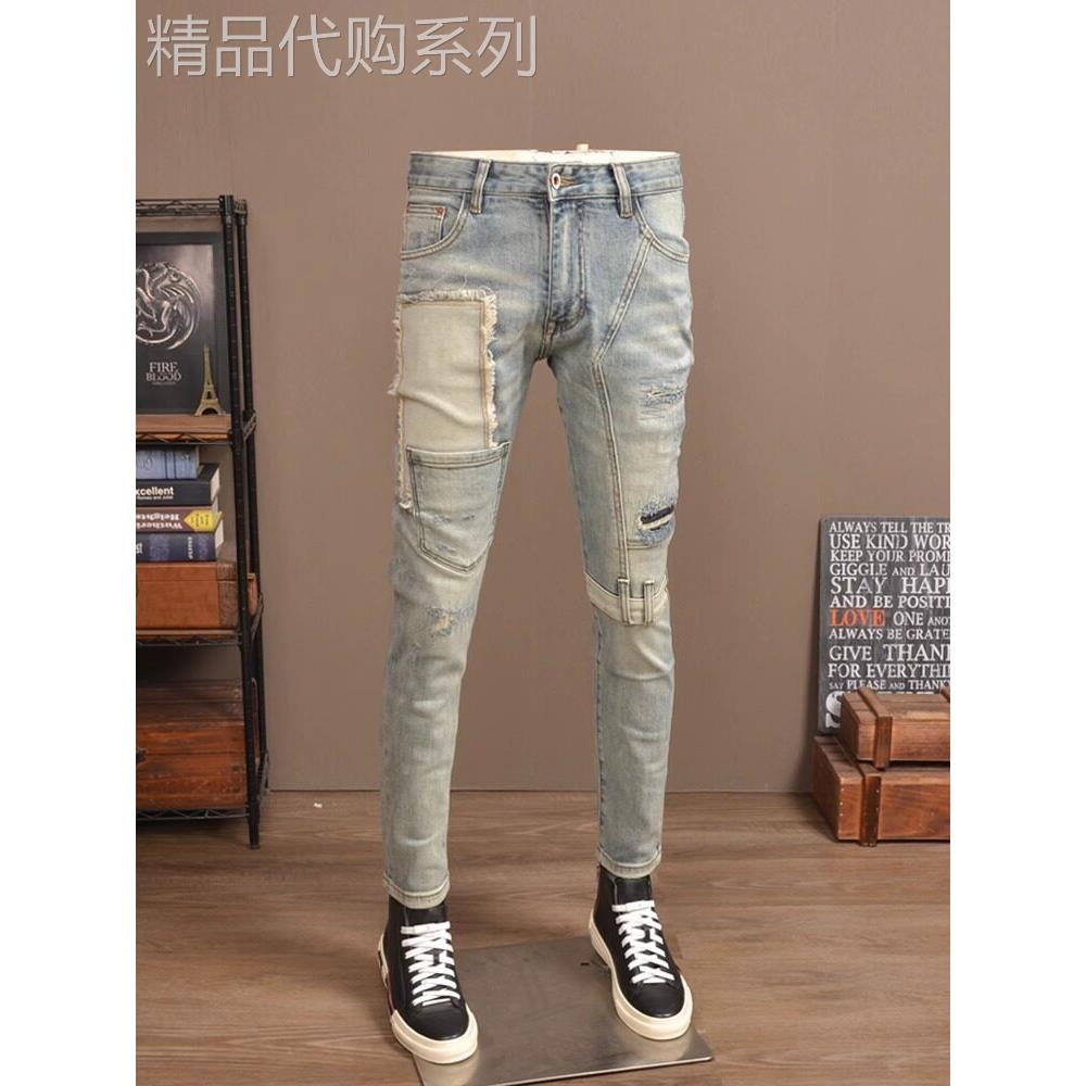 夏季复古做旧破洞牛仔裤男弹力修身小脚高端潮牌拼接休闲水洗长裤