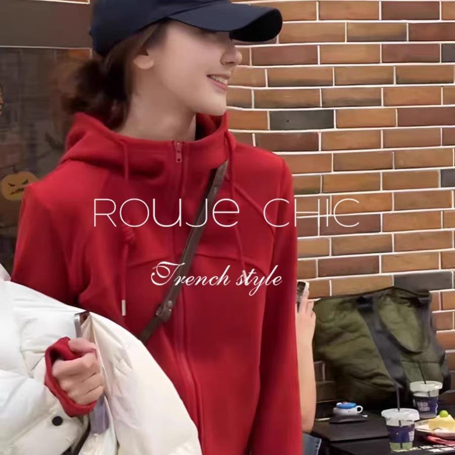 法国rouje chic法式简约高级感红色连帽加绒卫衣女2024秋冬季新款