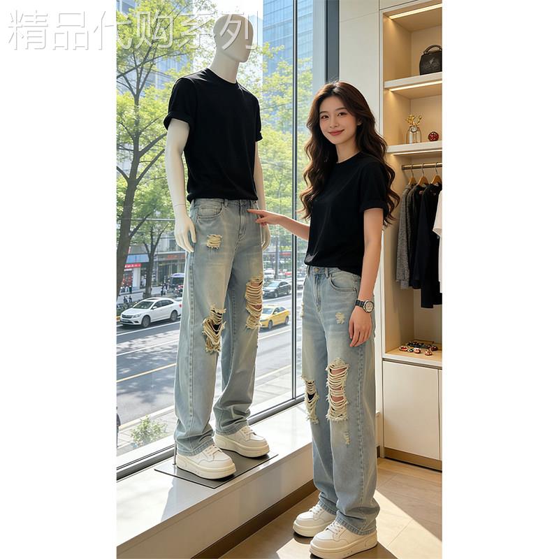 潮牌美式破洞显瘦直筒薄款牛仔裤男夏季新款高级感痞帅炸街微喇叭
