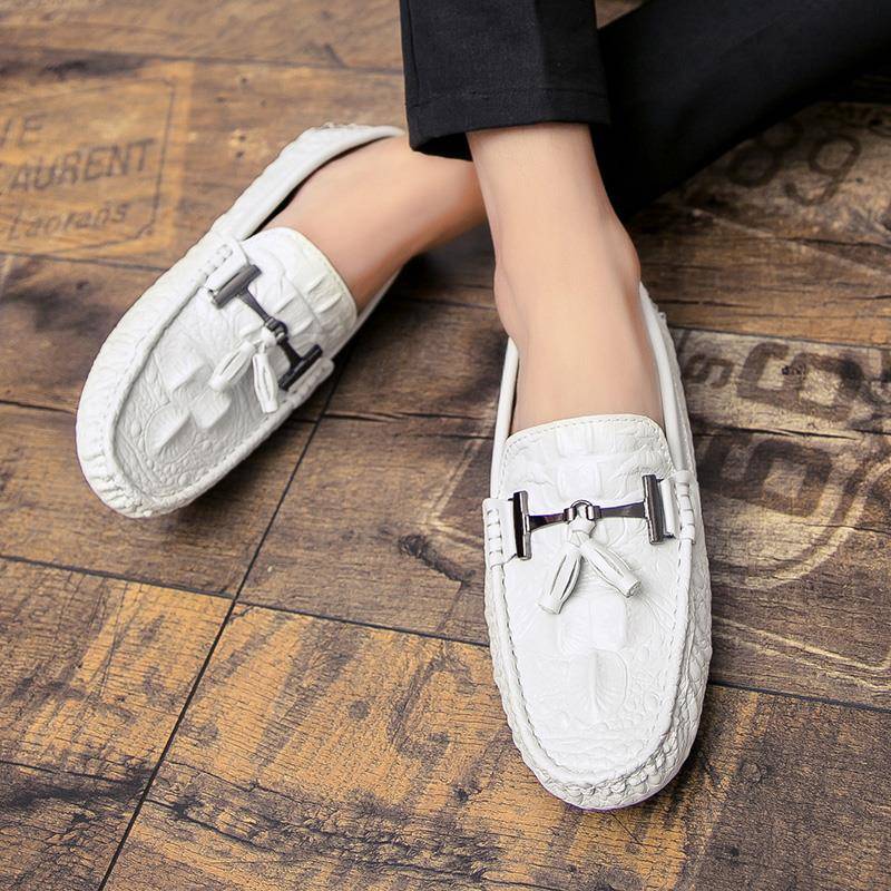 vkwwhy高级感白色英伦皮鞋男真皮透气休闲鞋潮流时尚鳄鱼纹豆豆鞋