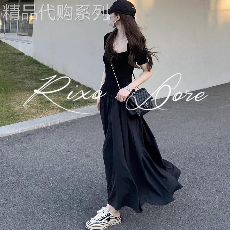 RIXO DORE法式高个子加长黑色短袖连衣裙女夏款方领气质高级长裙