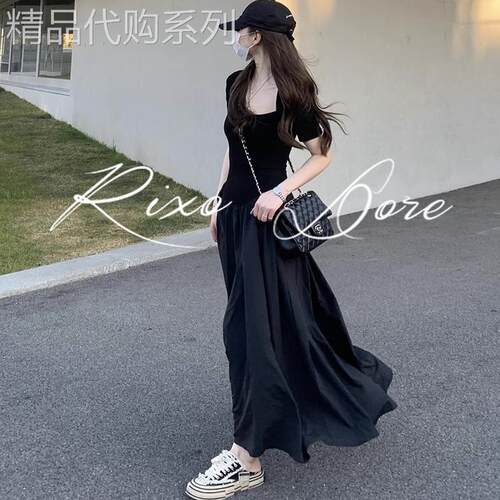RIXO DORE法式高个子加长黑色短袖连衣裙女夏款方领气质高级长裙