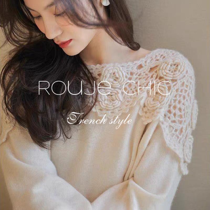法国rouje chic秋季法式白色设计感镂空花朵针织衫女内搭羊绒上衣