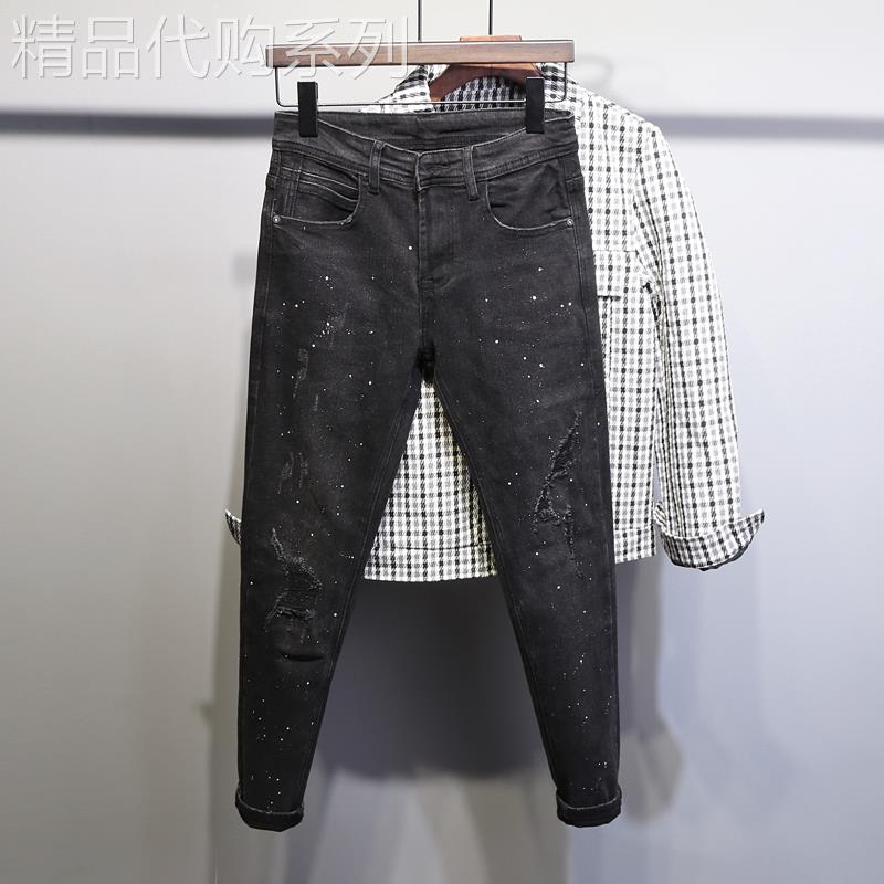 春夏季新款牛仔裤男韩版破洞补丁泼墨弹力修身男士休闲黑色小脚裤