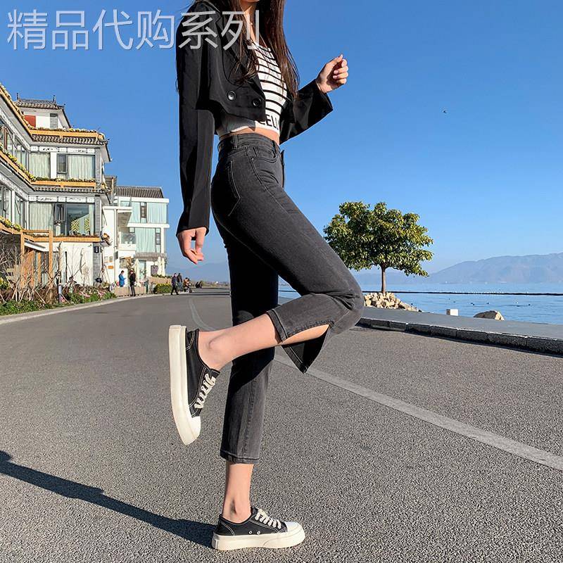 SPYB2025夏季新款美式高腰显瘦小个子烟灰色八分开叉直筒牛仔裤女
