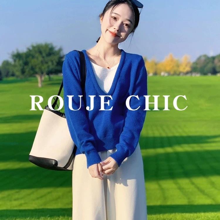 法国rouje chic克莱因蓝v领假两件套头毛衣女秋冬慵懒内搭针织衫