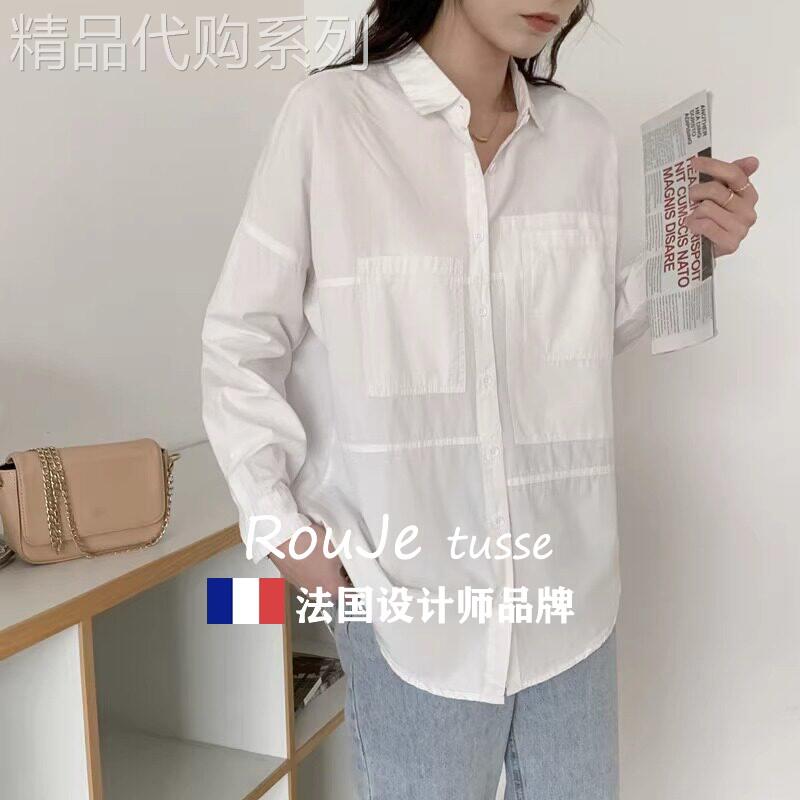 Rouje tusse韩版宽松双口袋纯棉白色衬衫女士设计感bf风休闲衬衣