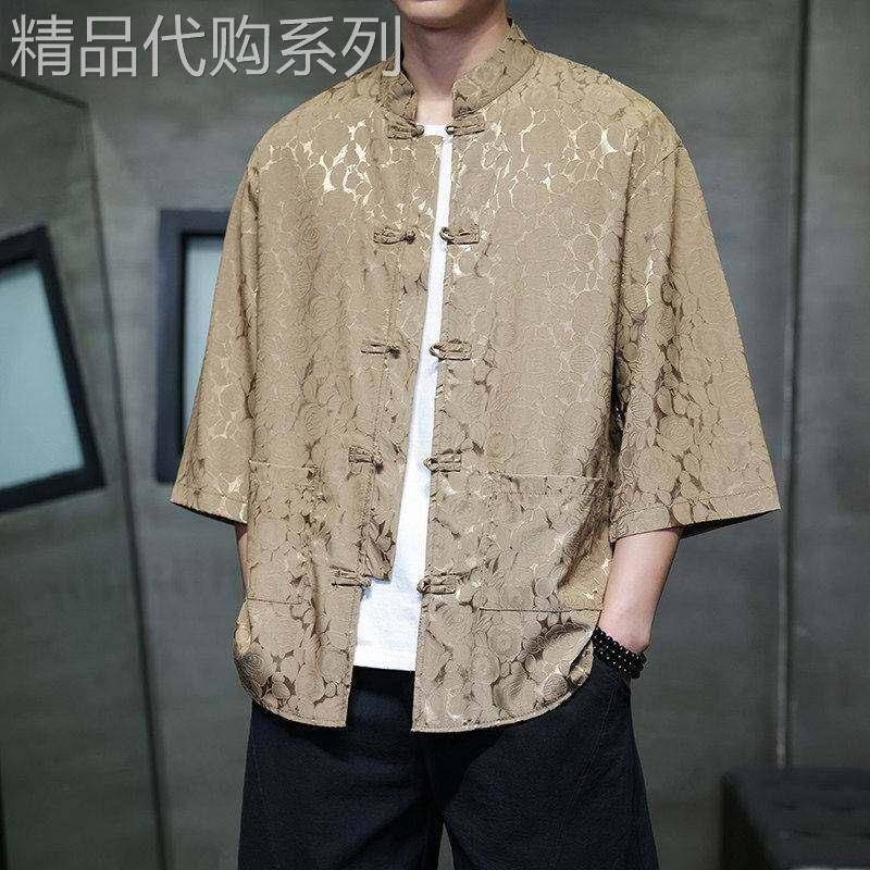 新中式冰丝短袖衬衫男士夏季薄款潮牌宽松盘扣印花翻领九分袖衬衣