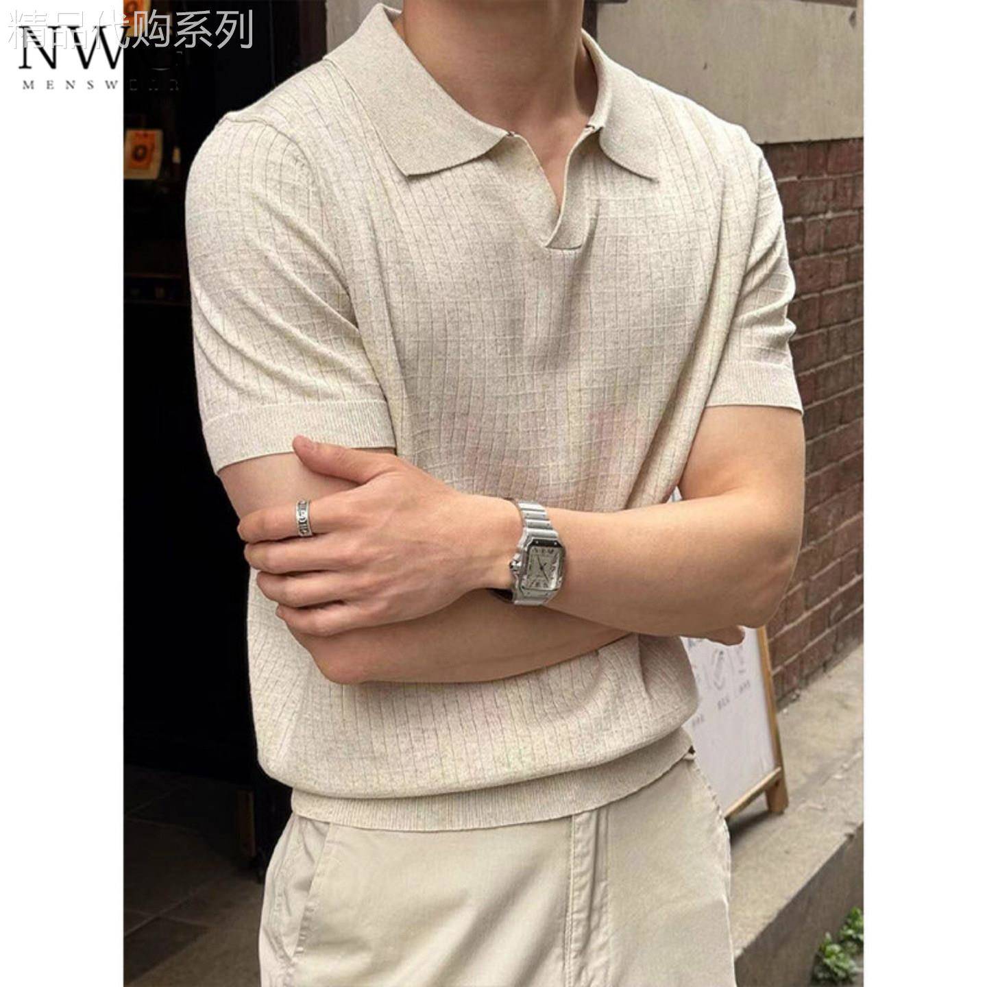 冰丝针织格纹短袖POLO衫男夏季老钱风商务v领半袖T恤男士休闲上衣