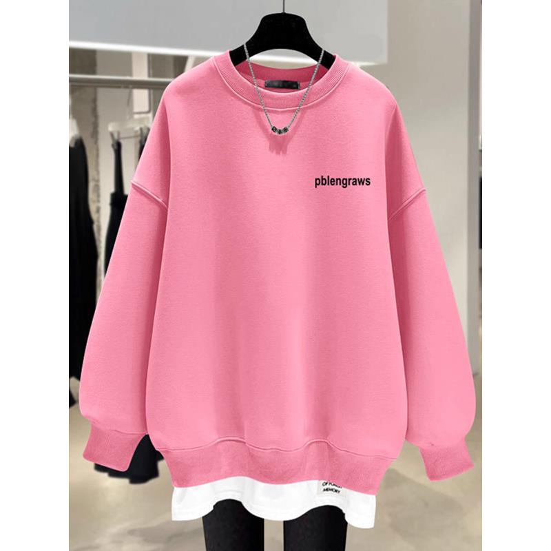 2025春秋新款小个子加绒卫衣女宽松休闲假两件中长款遮屁股打底衫