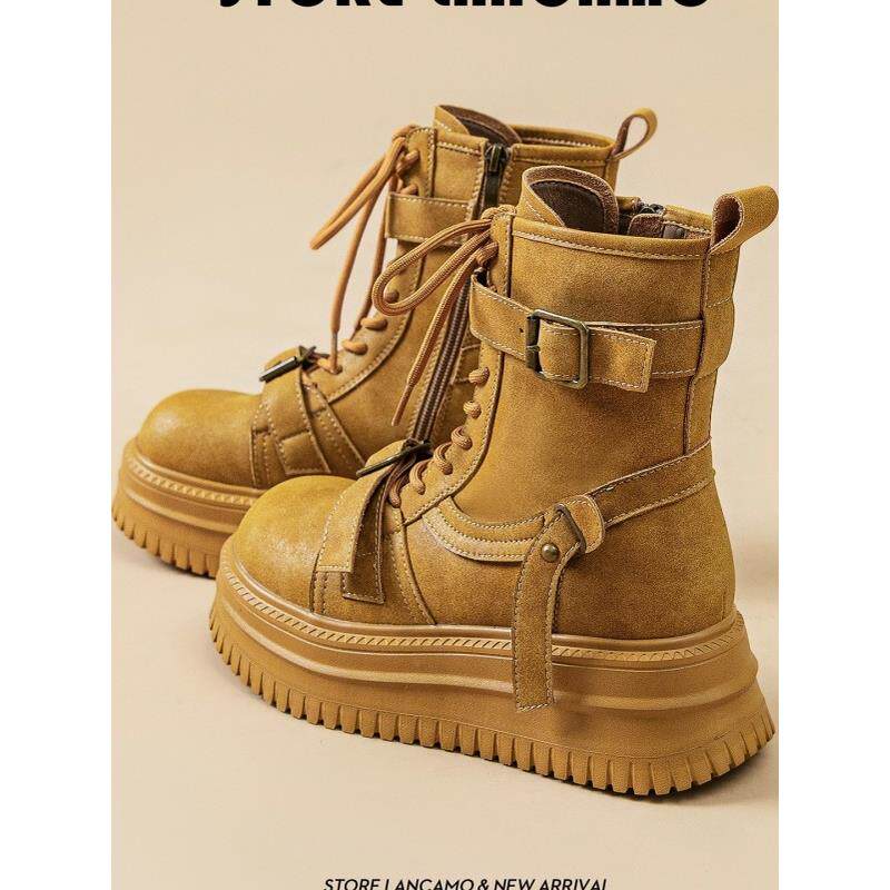 2025早秋新款英伦风真皮百搭户外工装短靴增高大黄靴厚底马丁靴女