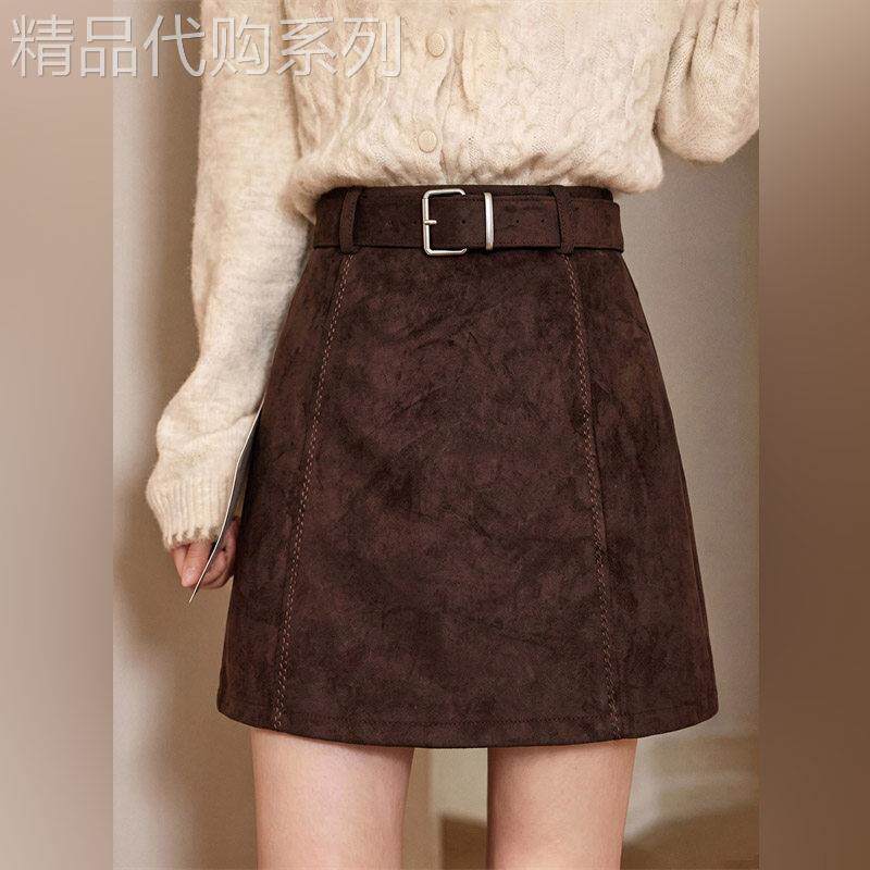 潮牌大码复古鹿皮绒半身裙女秋季新款胖mm高腰显瘦a字包臀短裙子