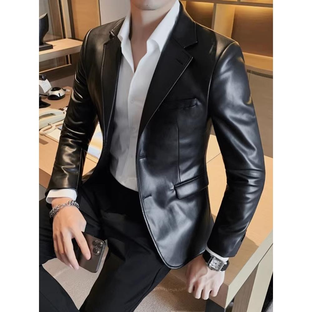 新款高级感商务皮衣男秋冬季时尚韩版修身潮流轻奢百搭休闲皮西装