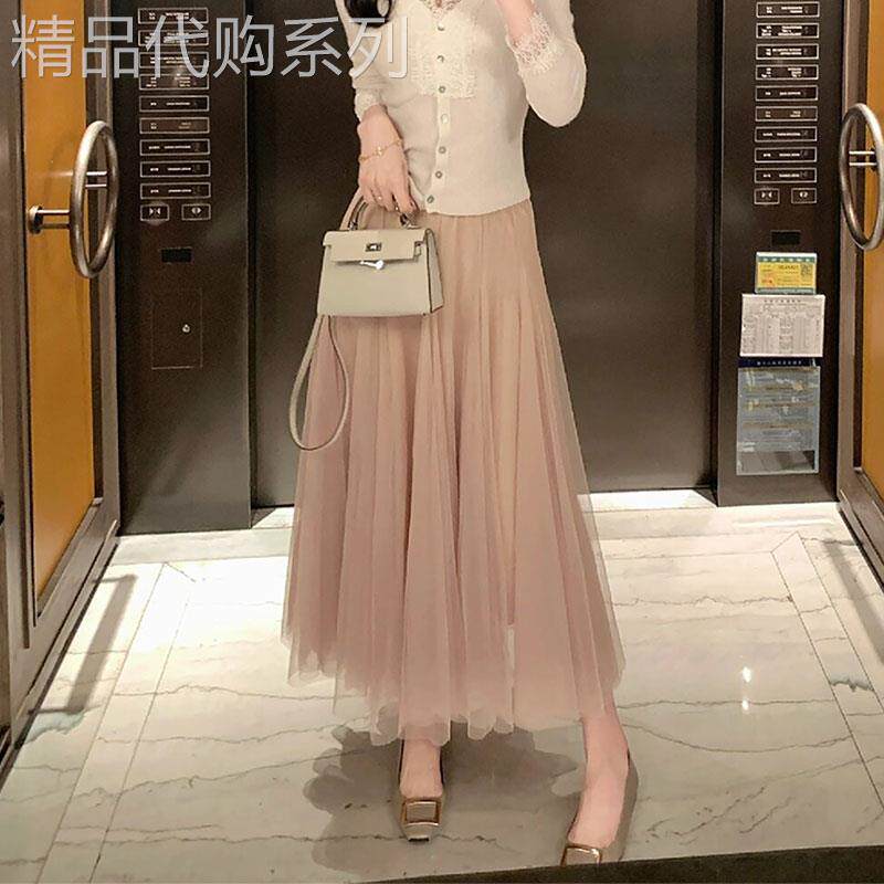 粉色网纱半身裙女冬季2025新时尚减龄百搭高腰显瘦长款松紧腰裙子