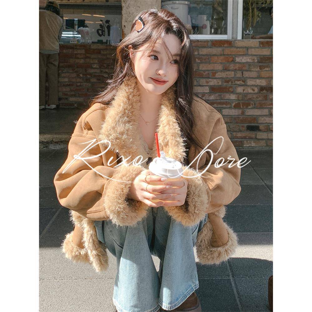 RIXO DORE法式卡其色浪漫皮毛一体羊羔毛外套女秋冬温柔气质上衣