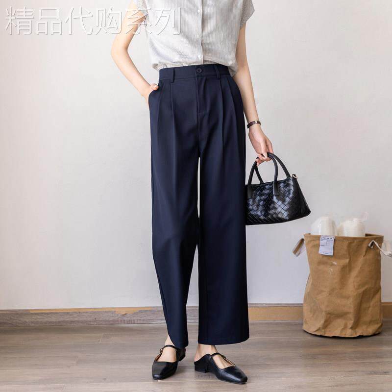 藏蓝色褶皱高腰气质直筒裤女春秋夏薄款宽松收腰休闲西装阔腿裤
