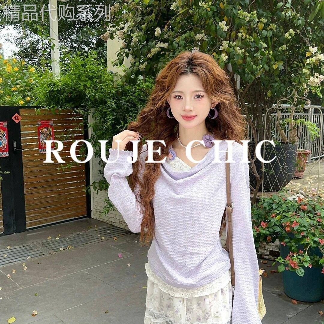 法国rouje chic假两件紫色蕾丝拼接长袖T恤女春季设计感收腰上衣