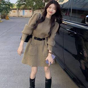 香港内搭针织连衣裙女秋冬大码 胖mm气质收腰显瘦配大衣加厚毛衣裙