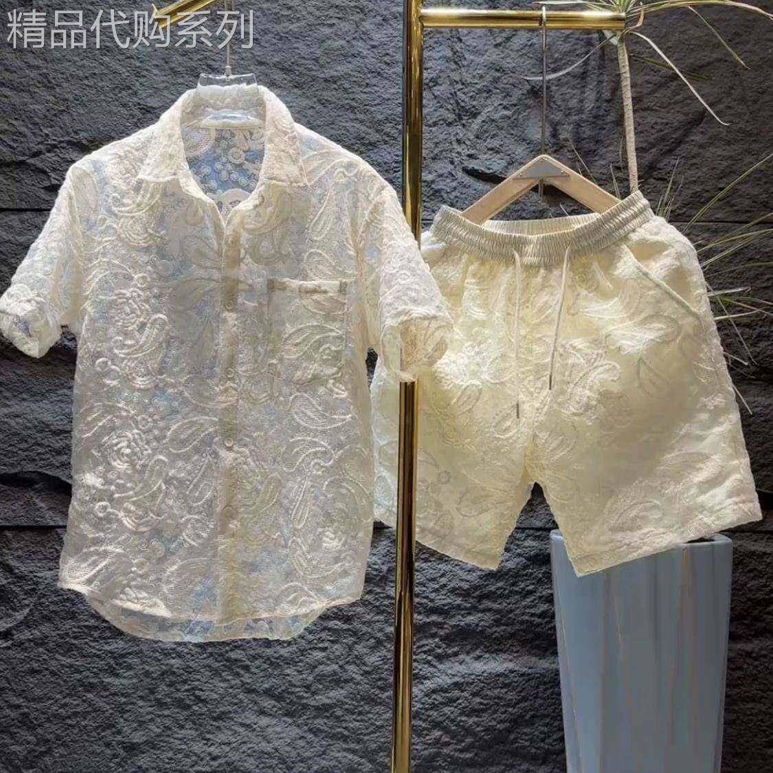 镂空网纱衬衫套装男夏季薄款潮牌宽松翻领短袖短裤男装穿搭两件套