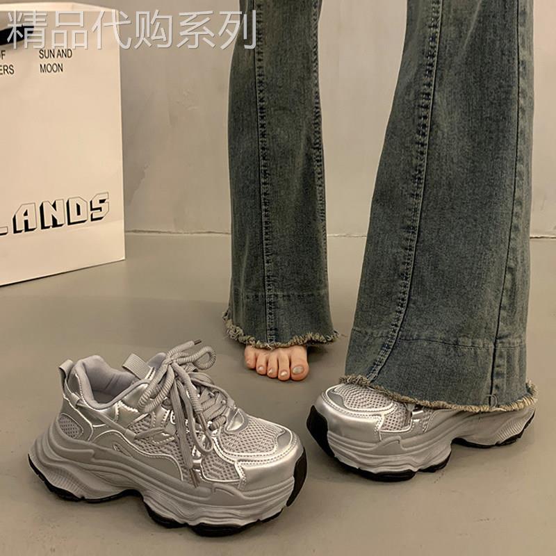 松糕厚底增高银色老爹鞋女春季新款圆头低帮系带百搭休闲运动鞋子