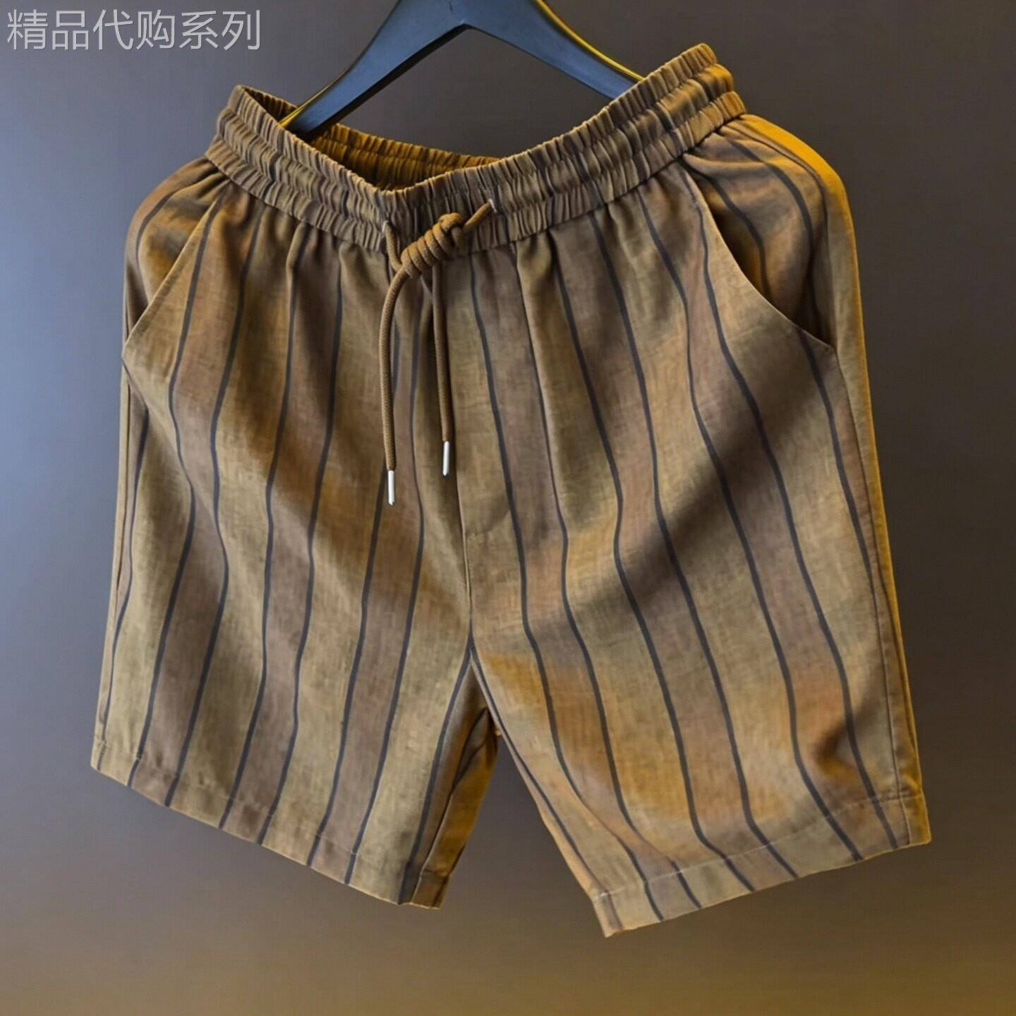 潮牌高端条纹亚麻休闲五分短裤男夏季新款宽松直筒冰丝沙滩四分裤