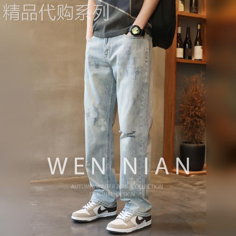 韩国WEN NIAN直筒宽松破洞牛仔裤男2026夏季印花痞帅休闲浅色潮牌