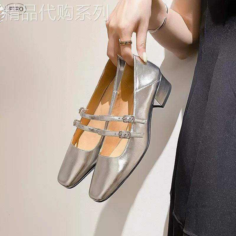 真皮银色方头玛丽珍鞋女2026新款百搭复古一字扣带小皮鞋粗跟单鞋