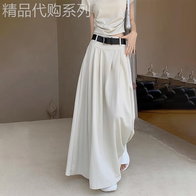 潮牌chic百褶杏色半身裙女夏季松紧高腰气质时尚高级感A字长裙子