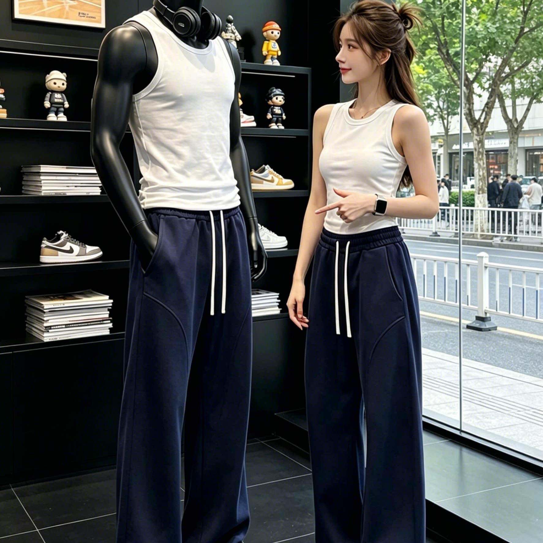 潮牌藏蓝色斜切运动卫裤男夏季薄款美式弯刀裤子显腿长直筒休闲裤