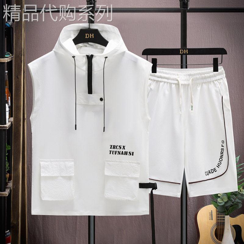 冰丝休闲 套装男夏季薄款潮牌穿搭一整套工装连帽无袖T恤搭配短裤