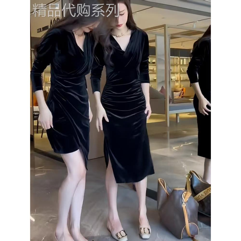欧洲站新款轻奢高级感气质名媛赫本风丝绒收腰显身材晚礼服连衣裙