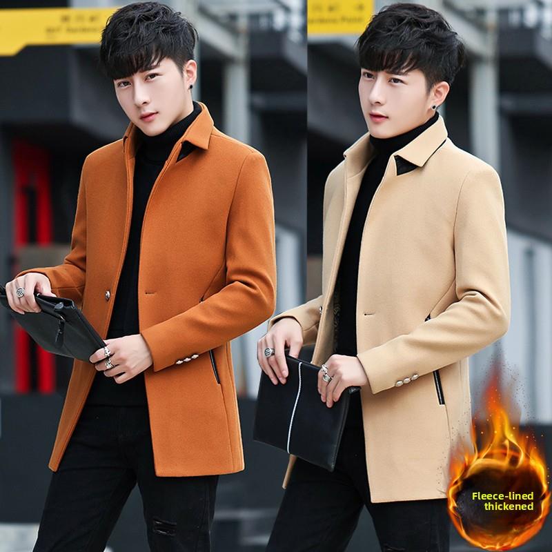 冬季男士发型师风衣中长款加绒加厚外套帅气毛呢潮流修身呢子大衣