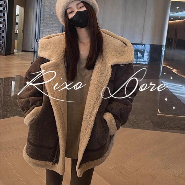 RIXO DORE法式小香风咖色皮毛外套一体中长款连帽羊羔毛加厚上衣