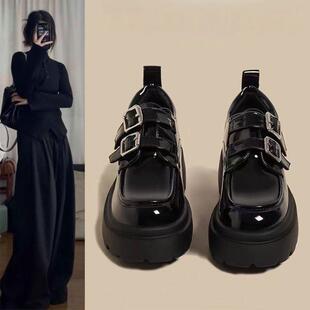 香港真皮厚底增高乐福鞋女2025秋季新款软底双扣单鞋英伦风小皮鞋