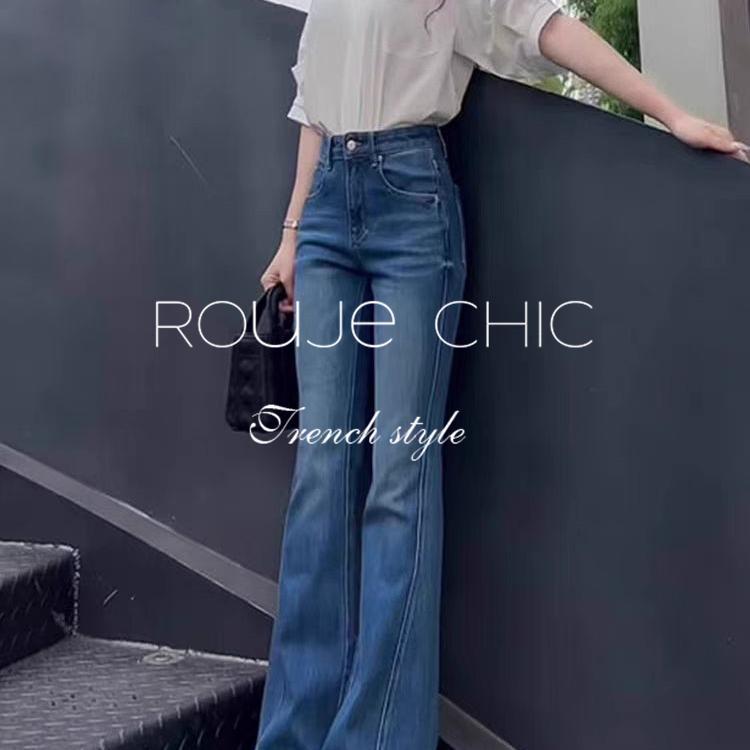 法国rouje chic法式复古风直筒高腰微喇牛仔裤女春季加绒喇叭裤子