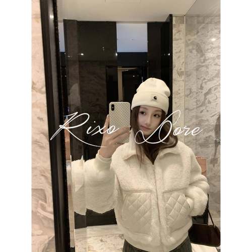 RIXO DORE白色设计感菱形格拼接羊羔毛外套女小个子保暖皮毛一体