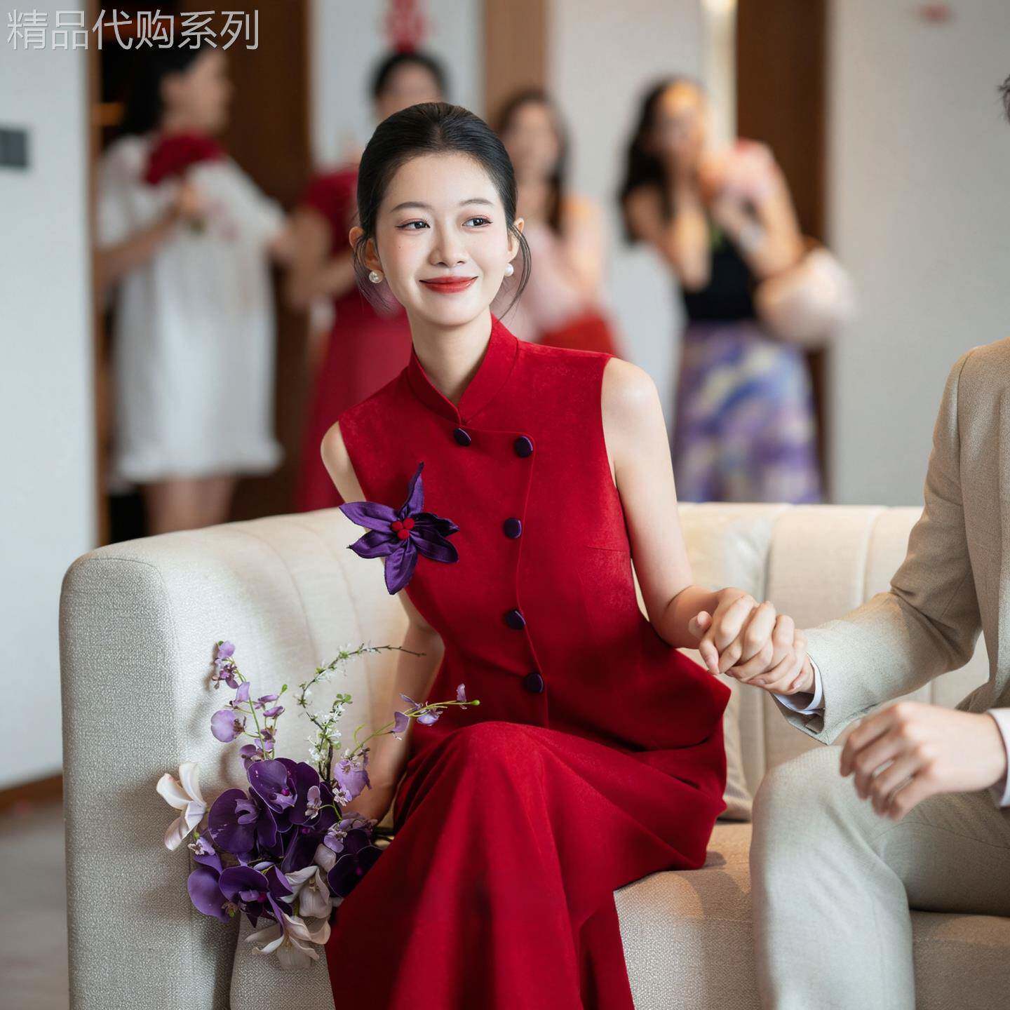 新中式套装女秋季新款敬酒服新娘红色旗袍无袖上衣半身裙订婚礼服