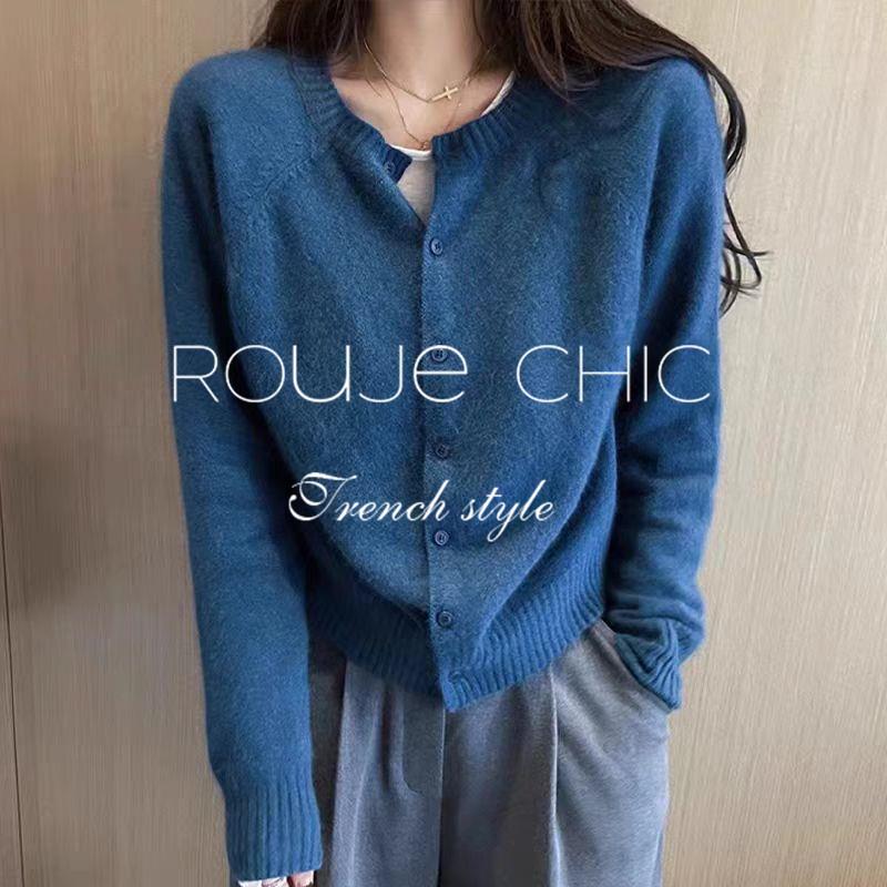 法国rouje chic秋冬季法式蓝色软糯浣熊绒短款羊毛开衫毛衣外套女