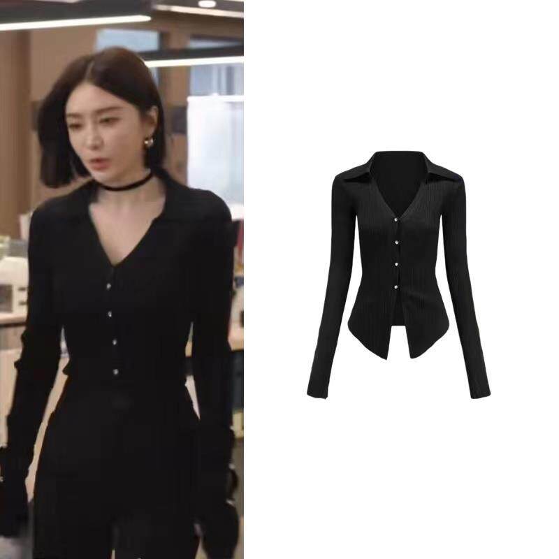 闪耀的她秦岚管文同款黑色polo领针织衫女法式气质修身V领开衫潮