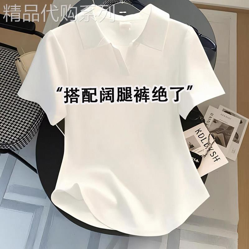 韩国短款polo衫翻领短袖t恤女2025新款夏季白色弧形下摆显瘦