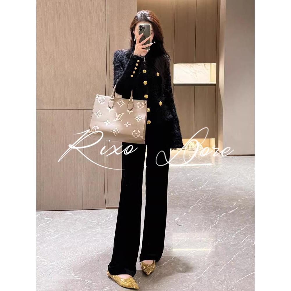 RIXO DORE法式小香风金属扣垫肩西装外套女气质针织毛衣开衫上衣