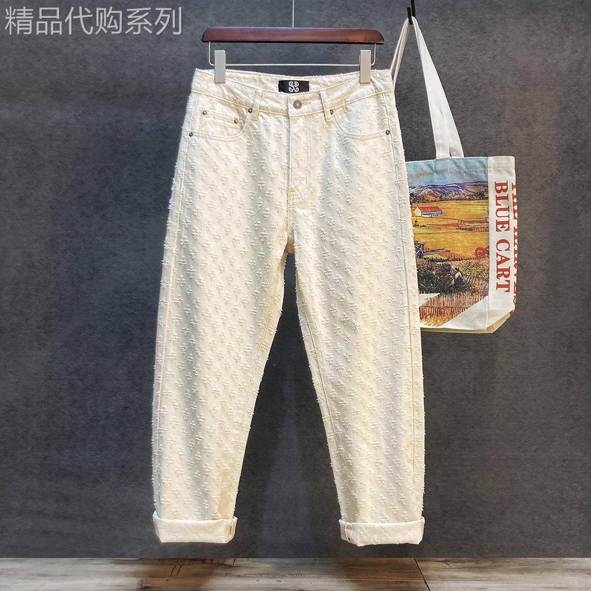 代购高街破洞提花裤子男潮牌春夏宽松直筒设计感休闲阔腿牛仔裤