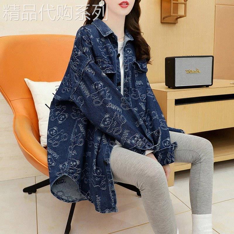 牛仔衬衫女春秋欧货中长款夹克大版工装上衣复古衬衣oversize外套