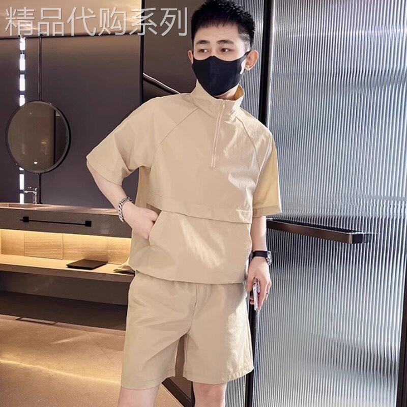 夏季新款短袖休闲工作服套装男一套薄款冰丝运动T恤上衣短裤两件